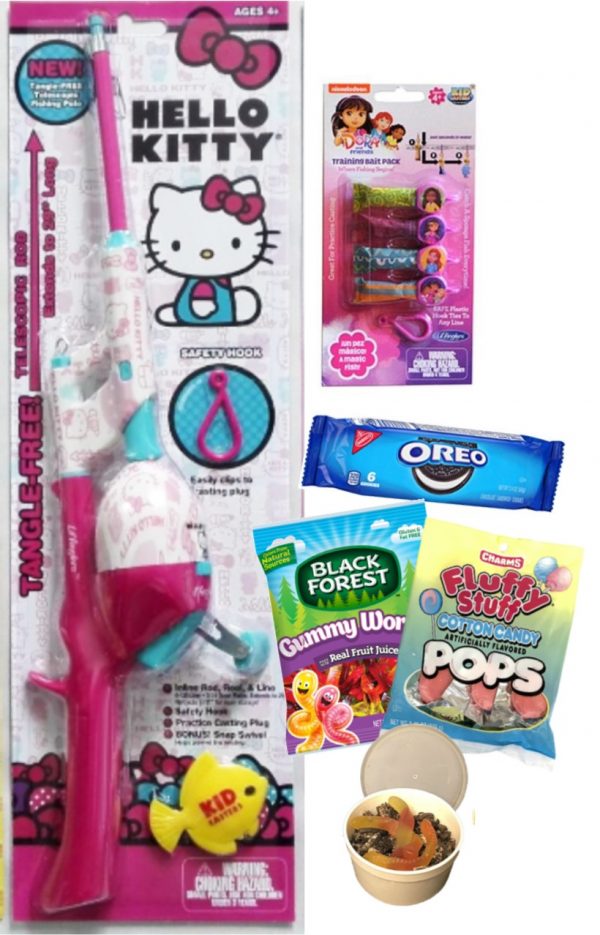 Hello Kitty Gift Set with gummy worms cotton candy pops swedish fish oreos and dora the explorer training bait