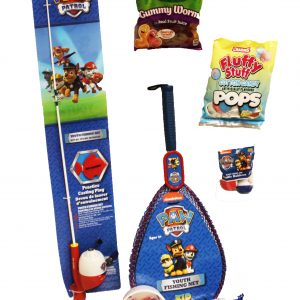 Paw Patrol Fishing gift set for the Lil' Anglers includes rod and reel with 6 lb line fishing net gummy worms cotton candy fluffy stuff pops oreos and fun activity