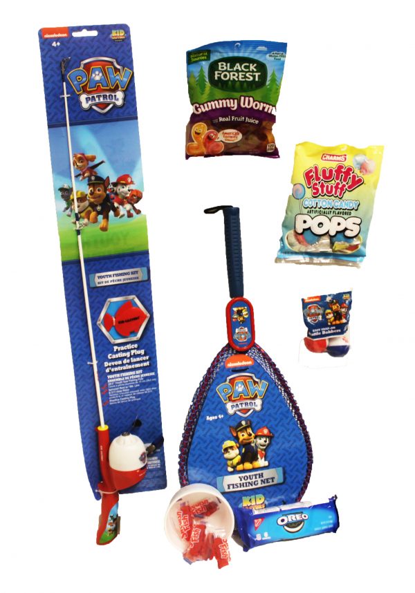 Paw Patrol Fishing gift set for the Lil' Anglers includes rod and reel with 6 lb line fishing net gummy worms cotton candy fluffy stuff pops oreos and fun activity