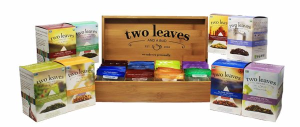Exquisite Tea Gift Box set with two leaves and a bud in bamboo organizer chest with organic tropical green alpine berry jasmine petal eary grey assam peppermint and mountain high chai. All best selling tea