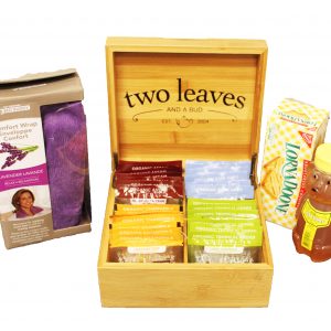 Charismatic Tea Gift Set includes two leaves and a bud organic tea sachets detox, energy and invigorate. Lorna Doone shortbread cookes, lavender scented hot cold nect wrap and millers hone bear relaxtionation with tea is key
