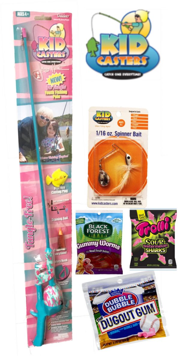 Girl's Youth Fishing Pole with spinner bait gummy worms and gummy sharks