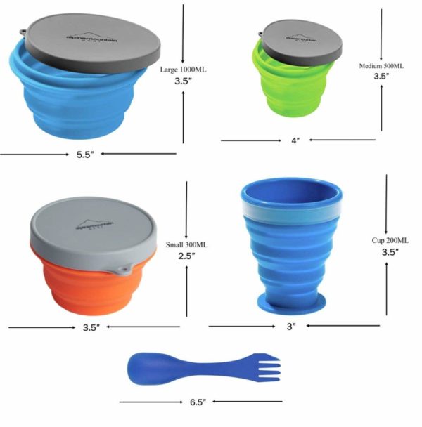 Collaspible food containers by Alpine Moutain Gear Complete Set of bowls, cups and 4 pack of sporks great for dutch oven cooking and hunt camp