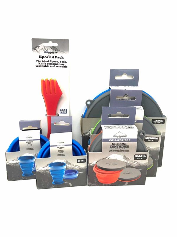 Collaspable Food Containers Alpine Moutain Gear Complete Set of bowls, cups and 4 pack of sporks. Perfect for Dutch Oven Cooking and Hunt Camp