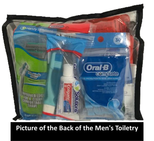 MENS TOILETRY TRAVEL SIZE KIT IMAGE SHOWING BACK OF POUCH WITH ITEMS IN IT